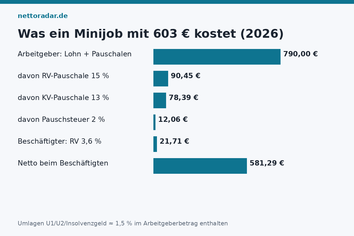 Minijob 603 €: Kosten und Netto Was ein Minijob mit 603 Euro kostet: Arbeitgeber 790 Euro, Beschäftigter 21,71 Euro Rentenbeitrag, netto 581,29 Euro