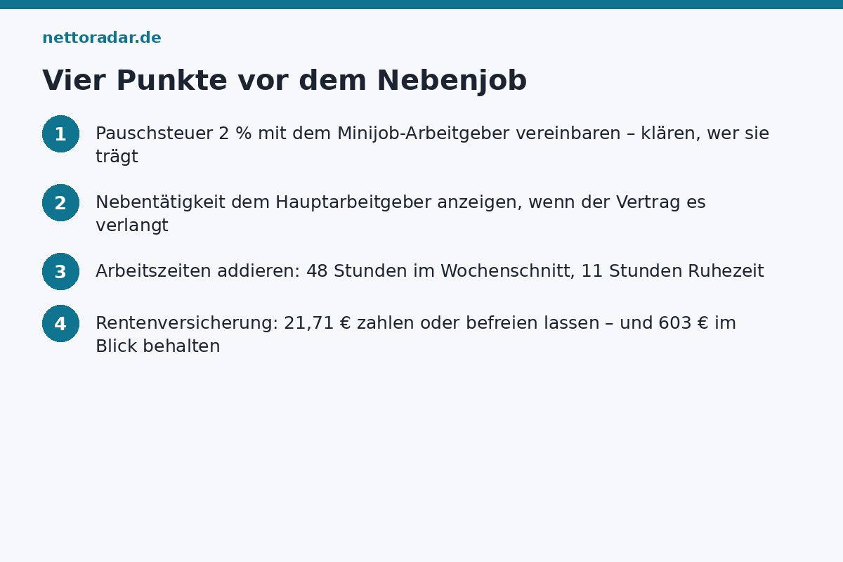 Checkliste Minijob neben dem Hauptjob: Pauschsteuer vereinbaren, Nebentätigkeit anzeigen, Arbeitszeit addieren, RV-Befreiung prüfen
